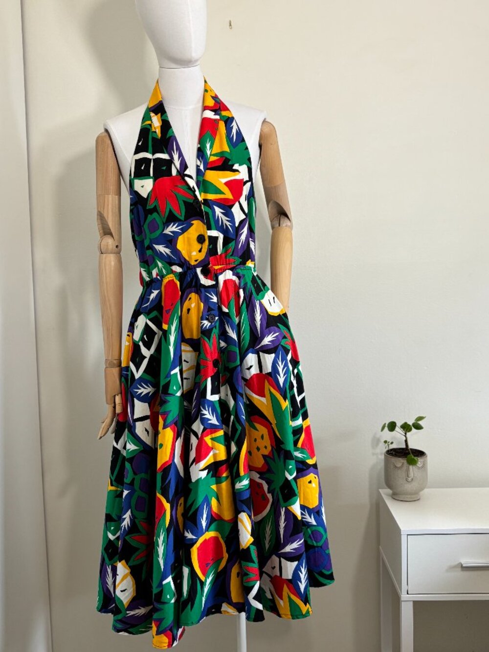 🍍I.B. Diffusion Vintage Tropical Fruit Print Halter Sundress w/ Pockets Size 12